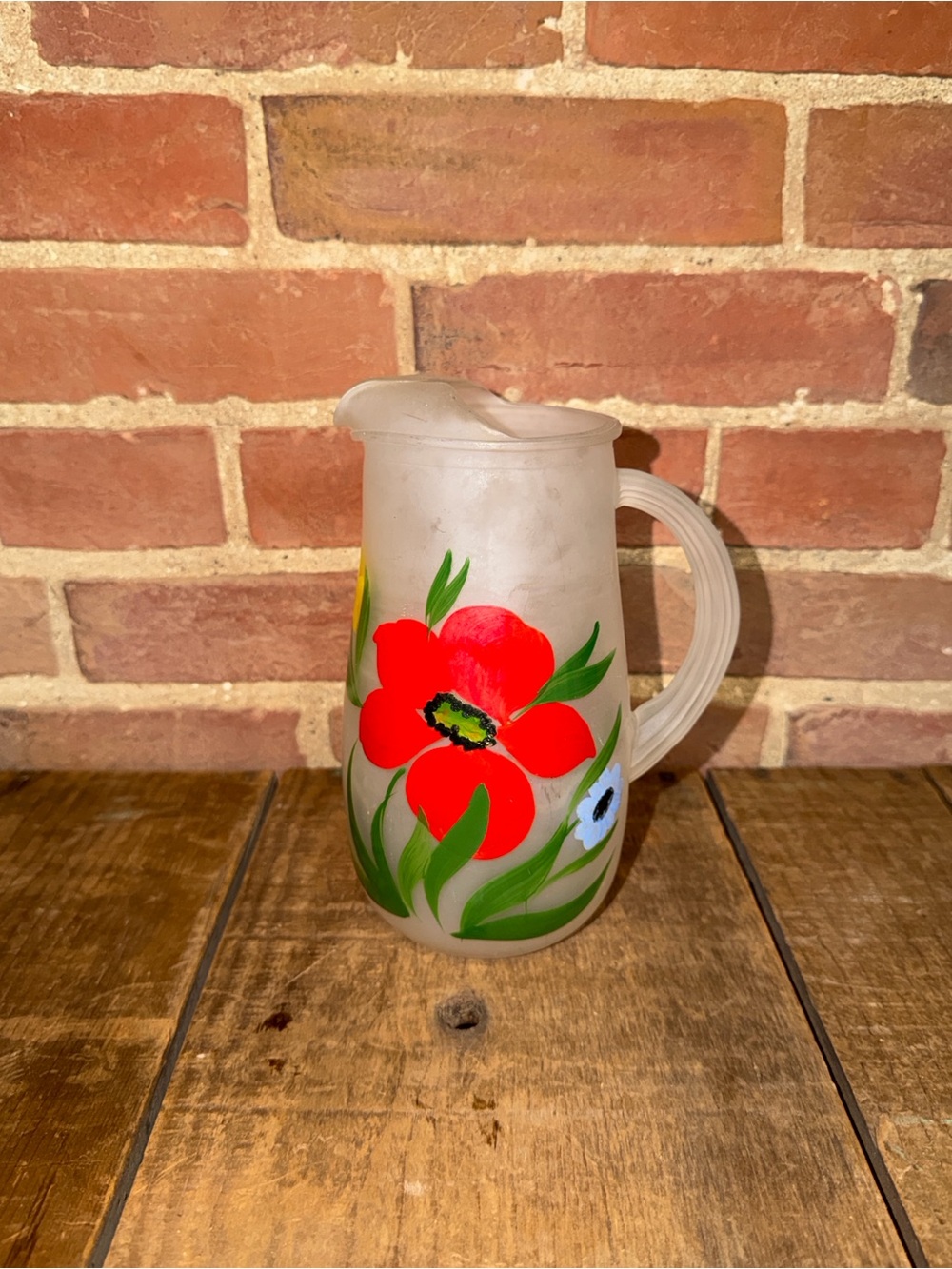 Vintage Mid Century Frosted Glass Pitcher Ice Lip Hand Painted Red Floral 8"